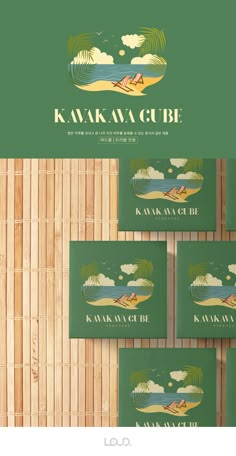 four green business cards with the words kawagabe on them and an image of a