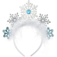 a white headband with snowflakes and crystals on the top, in front of a white background