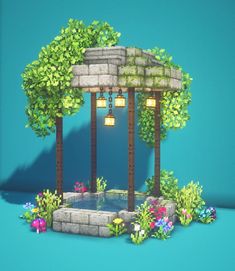 an artistic rendering of a stone gazebo with trees and flowers around it on a blue background