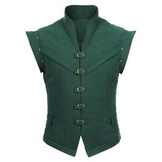 a green vest with gold buckles on it