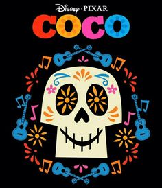 the poster for coco with a skull and guitars