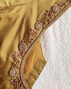 Golden Colour Aari Work Blouse, Gold Blouse Aari Work Designs, Simple Work For Blouse, Aari Work Hand Design Simple, Simple Aari Neck Designs, Simple Zardosi Work Designs, Simple Aari Designs For Blouse, Simple Ariwork Blouse, Aari Work Designs Pattern