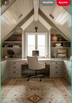 an attic office with desk, chair and bookshelf in the corner is featured on this page