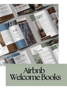 an open brochure with the words airbn welcome books written in black and white