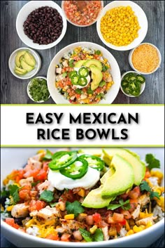 Mexican rice bowl with individual toppings in smaller bowls and text Clean Mexican Rice, Mexican Rice Bowl Recipe Chicken, Nacho Rice Bowl, Mex Bowl Recipes, Rice For Bowls, Healthy Mexican Rice Bowls, Mexican Bowl Recipe Chicken, Southwestern Rice Bowl, Mexican Protein Bowl