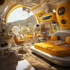 a futuristic bedroom with yellow and white decor