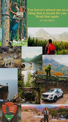 the collage shows people and animals in different places, including mountains, trees, and water