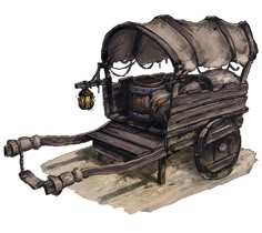 an old fashioned wooden cart with barrels on the back and wheels, painted in watercolor