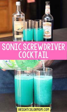 there are three glasses with blue liquid in them and the words sonic screwdriver cocktail