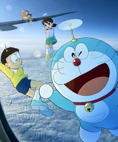 cartoon characters are flying in the sky with an airplane behind them and one person has his arm out