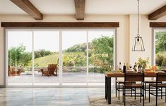 a dining room with sliding glass doors that open up to the patio and outside area