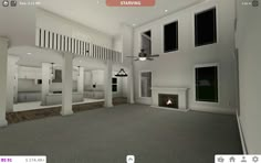 a virtual view of a living room with fireplaces and stairs to the second floor