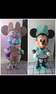 two pictures of mickey mouse and minnie's birthday cake toppers, one in blue and the other in pink