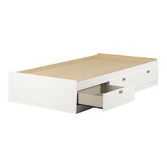 a white bed frame with two drawers on each side and an open drawer underneath it