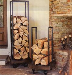 the firewood is stacked on wheels outside