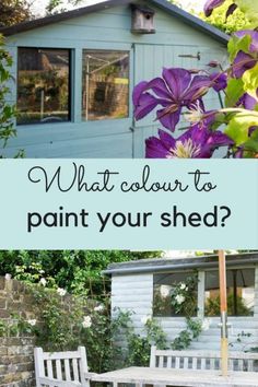 a blue shed with purple flowers in the foreground and an image of a bench outside