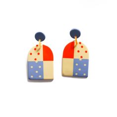 Sunshine Tienda® Arbor Earrings Retro Blue Drop Earrings, Retro Blue Earrings For Pierced Ears, Fun Blue Drop Earrings, Playful Red Drop Earrings, Playful Handmade Red Earrings, Playful Red Pierced Earrings, Playful Red Earrings For Pierced Ears, Chevron Cakes, Sabbath Candles