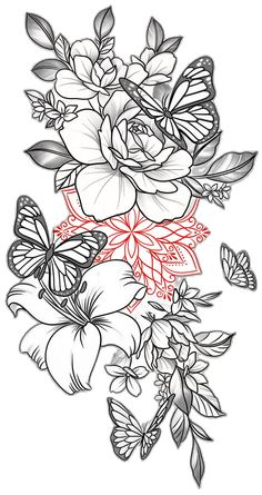 a drawing of flowers and butterflies on a white background with the word love written in red