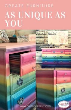 colorful dressers with the words create furniture as unique as you on top and bottom