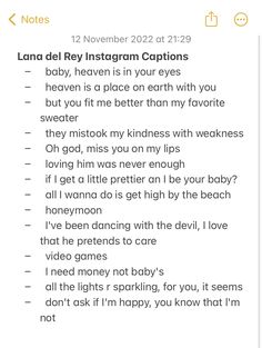 a text message with the words lana del rey instagramn captions on it