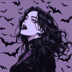 a woman with black hair and bats in the background