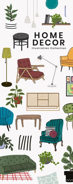 an illustrated collection of different types of chairs and couches, with the words home decor above them