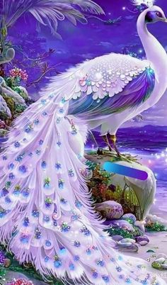 a white peacock standing on top of a rock next to the ocean under a purple sky