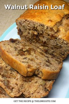 a blue plate topped with slices of banana bread