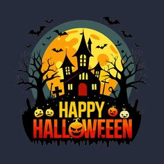 a happy halloween poster with pumpkins and bats