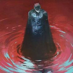 a batman standing in the middle of a pool of water with red and blue colors