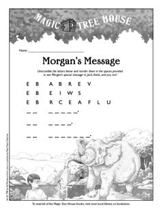 the magic tree house page for morgan's message, with an elephant and man