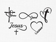 the words jesus and love are drawn in black ink on a white linen background with a cross