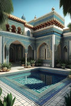 an outdoor swimming pool surrounded by palm trees and potted plants in front of a blue tiled building