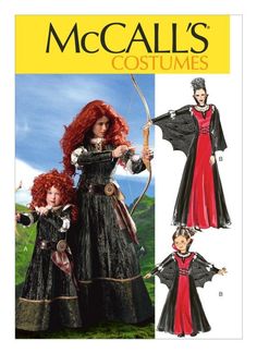 an adult and child's costume pattern with red hair, black dress and cape