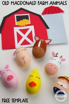 an image of farm animals made out of eggs with text overlay that says old mcdonald farm animals