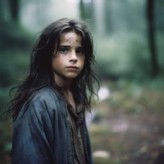 a young woman with long hair standing in the woods looking at the camera and staring into the distance