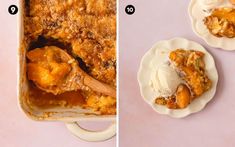 two pictures showing the steps to make an apple cobbler