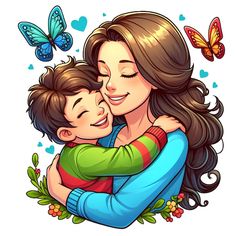 a mother hugging her son with butterflies flying around