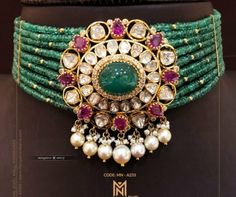 Emerald Beads Choker, Polki Pendant, 22 Carat Gold Jewellery, Latest Jewellery Designs, Polki Choker, Jewellery South Indian, Latest Indian Jewellery, Indian Jewellery Gold