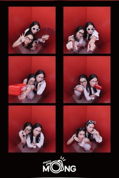 two young women posing for a photo booth in front of a red wall with their arms around each other