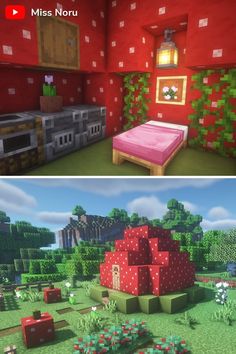 two screens showing the same room in minecraft, one with a bed and another with a