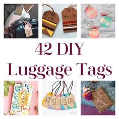 the words 42 diy luggage tags are shown in many different styles and sizes, including letters