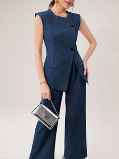 2 piezas Conjunto de chaleco y pantalones de unicolor elegante para mujeres, verano Azul Marino Elegante    Liso  No-Elástico  Women Clothing, size features are:Bust: ,Length: ,Sleeve Length: Elegant Office Outfit, Vest Blazer, Womens Tie, Weekend Wear, Fashion Items, Inspiration Mode, Classy Women, Linen Women, Office Outfits