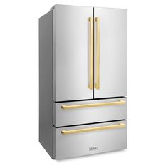 a stainless steel refrigerator with gold trimmings on the doors and bottom drawer drawers