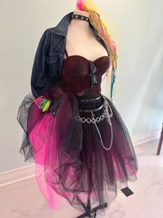 Custom Cindy lauper 80's icon costume. Fluffy tulle skirt, painted bustier, belt, gloves and hai accessories. Can be made in and color or style you choose. Fitted Corset For Party And Cosplay Events, Party Corset Dress For Cosplay Events, Black Corset Dress For Party And Cosplay Events, Fitted Punk Costumes For Alternative Fashion, Fitted Punk Style Costumes For Alternative Fashion, Punk Corset For Costume Party And Cosplay Events, Punk Corset For Halloween Costume Party, Punk Style Corset Dress For Halloween Party, Punk Party Corset