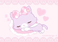 a pixeled image of a cat hugging a bunny on top of a pink pillow