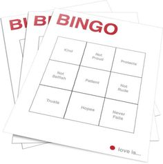 three cards with words on them that say, bibi bingo and love is