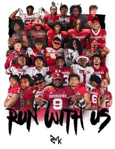 the poster for run with us featuring football players in red and white uniforms, including one man