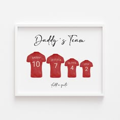 a framed print with the names and numbers of different teams in red on white background