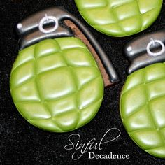 three lime green buttons with metal handles on a black tableclothed surface and the words sweet decadence written below them